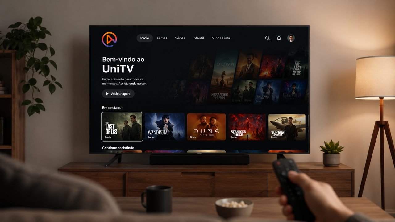 Aplicativo UniTV aberto em uma Smart TV na sala de estar